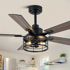 46 Inch Farmhouse Ceiling Fan with Light and Remote Black Industrial Ceiling ...