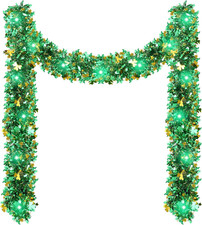 St. Patrick's Day 16.4 Ft Shamrock Tinsel Garland with LED Lights