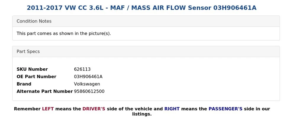 VW CC 2011-2017 3,6 L - MAF / Sensor de flujo de aire de masa 03H906461A Foto 4 de 4