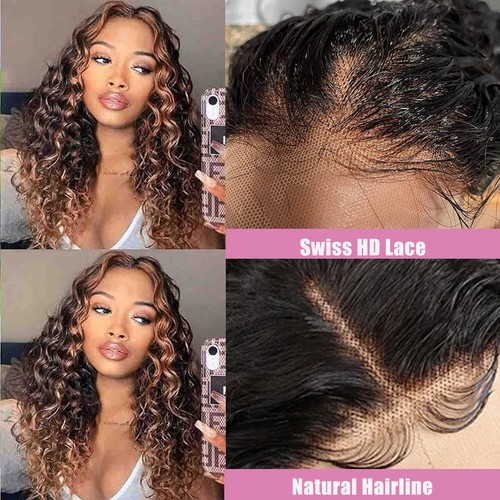 24 Inch Highlight Ombre Lace Front Wig Human Hair Pre Plucked 1B/30 Black Bro... - Bild 4 von 7