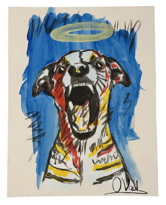Ovaul Original 11x14 Canvas Panel Acrylic Neo-Expressionist Dog Halo Unframed