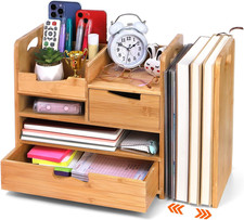 Bamboo Desk Organizer with Adjustable File Holder, Mail Organizer Countertop wit