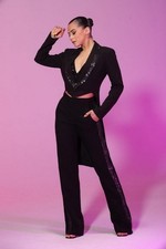 Tuxedo with sequin trim Women Pants Set Made in the USA Black