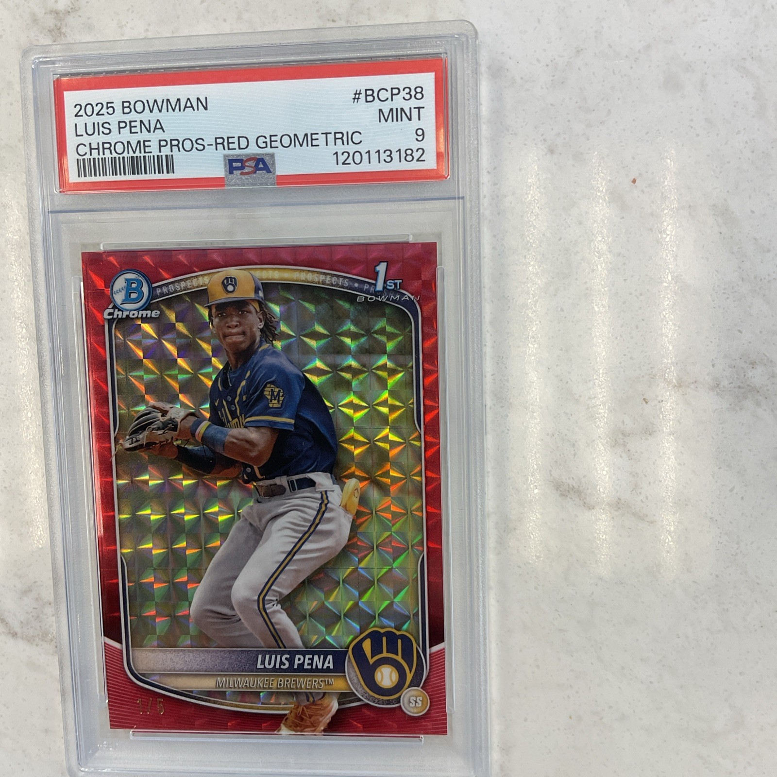 2025 Bowman Chrome Prospects Luis Pena #BCP-38 Red Geometric Refractor 1 /5 (RC)