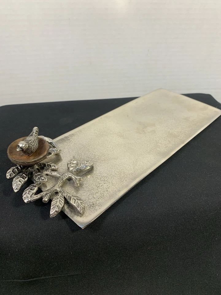 Mud Pie Silver Metal 12 Inch Bird In Nest With Leaves Textured Tray - Image 2 of 4