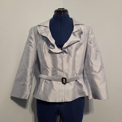 Kay Unger Vintage Baby Blue Silk Blend Satin Belted Blazer Size 10
