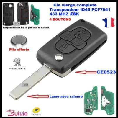 CLE VIERGE CE0523 CIRCUIT PEUGEOT 807/1007 4BOUTONS FSK 433MHZ AVEC RAINURE - Photo 1/4