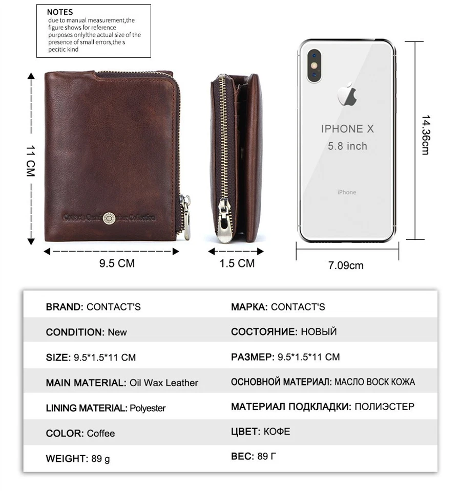 Contacts Men's RFID Oil Wax Leather Wallet Coins Credit Card Holder Purse Bifold - Image 4 of 4