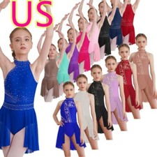Kids Girls Rhinestones Ballet Leotard Figure Ice Skating Ballerina Lyrical Dress