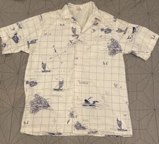 Vtg Barefoot In Paradise Hawaii Map Aloha Shirt Mens L Nautical Whales Islands