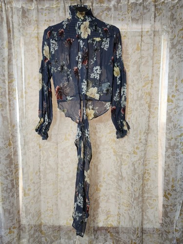 NICHOLAS Australian Designed Blouse 100% Silk L/S Floral Print Front Tie Blue - Picture 18 of 24