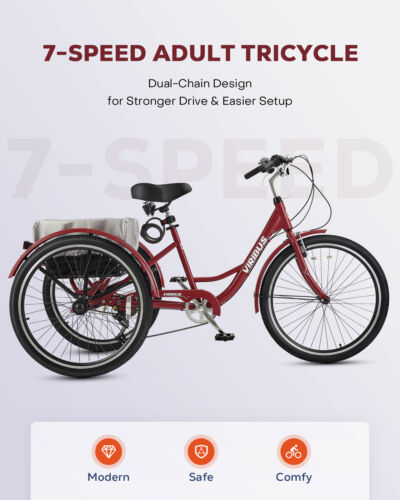Secondhand 26''Adult Tricycle 7 Speed 3 Wheel Bikes w basket 2 Chains Trike - Picture 5 of 15