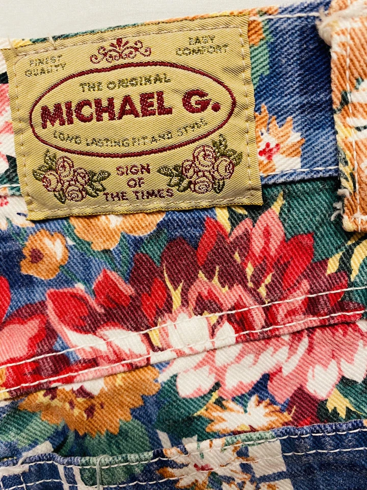 Vtg 80s MICHAEL Denim High Waisted Jean Shorts Navy White Plaid BIG FLOWERS XS S - Image 4 of 4