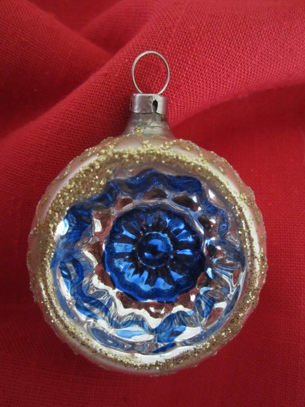 VTG Mercury Glass Indented Round  Silver Gold Blue Xmas Ornament Czechoslovakia