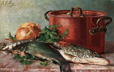 A/S M Billing Postcard Still Life Art Fish Onion Casserole Dish Unposted