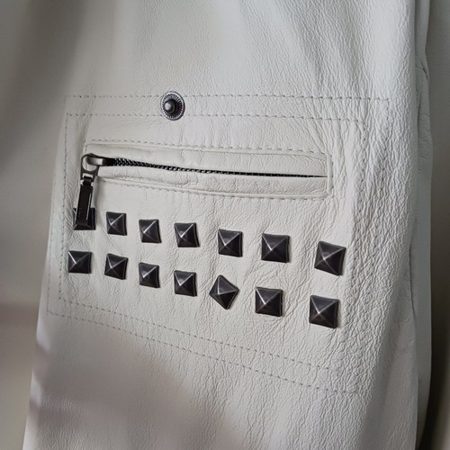 P.O.V. Mens Leather Moto Jacket Off White Studded Pockets Size Large Unisex - Picture 8 of 8