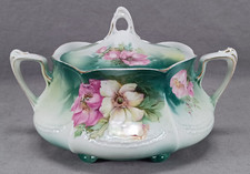 RS Prussia Pink & White Flowers Green Yellow & Gold Biscuit / Cracker Jar