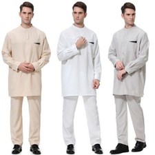 Islamic Jubba Thobe Arab Men's Casual Pants Turkey Dubai Muslim Long Sleeve Robe