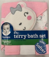 Gerber Baby Girl 4-Piece Pink Cat Organic Cotton Terry Bath Set