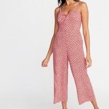 Old Navy Cropped Jumpsuit Red Floral Sz L Smocked Wide Leg Adjustable Straps NWT