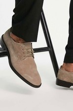 Derby Shoe Mens Real Suede Beige Smart Sizes 7-11 Dress Formal Brogue Topman
