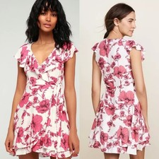 Free People French Quarter White Pink Floral V-neck Mini Wrap Dress Size Small