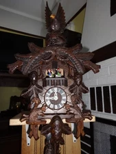 Vintage cuckoo clock Germany eagle top music dancers rocking squirrels working