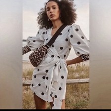 Ganni Black & White Polka Dot Puff Sleeve Mini Wrap Dress Size 34