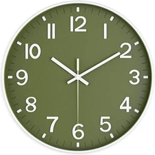 Silent Wall Clock Non-Ticking Battery Operated – Modern Olive Green Analog Wall