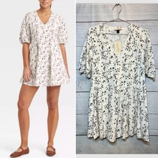 Universal Thread - Bell Puff Sleeve Mini A-Line Godet Dress White Floral - S