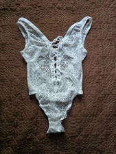 Victoria's Secret Luxe Strappy Lace Teddy Bodysuit, White, Size S