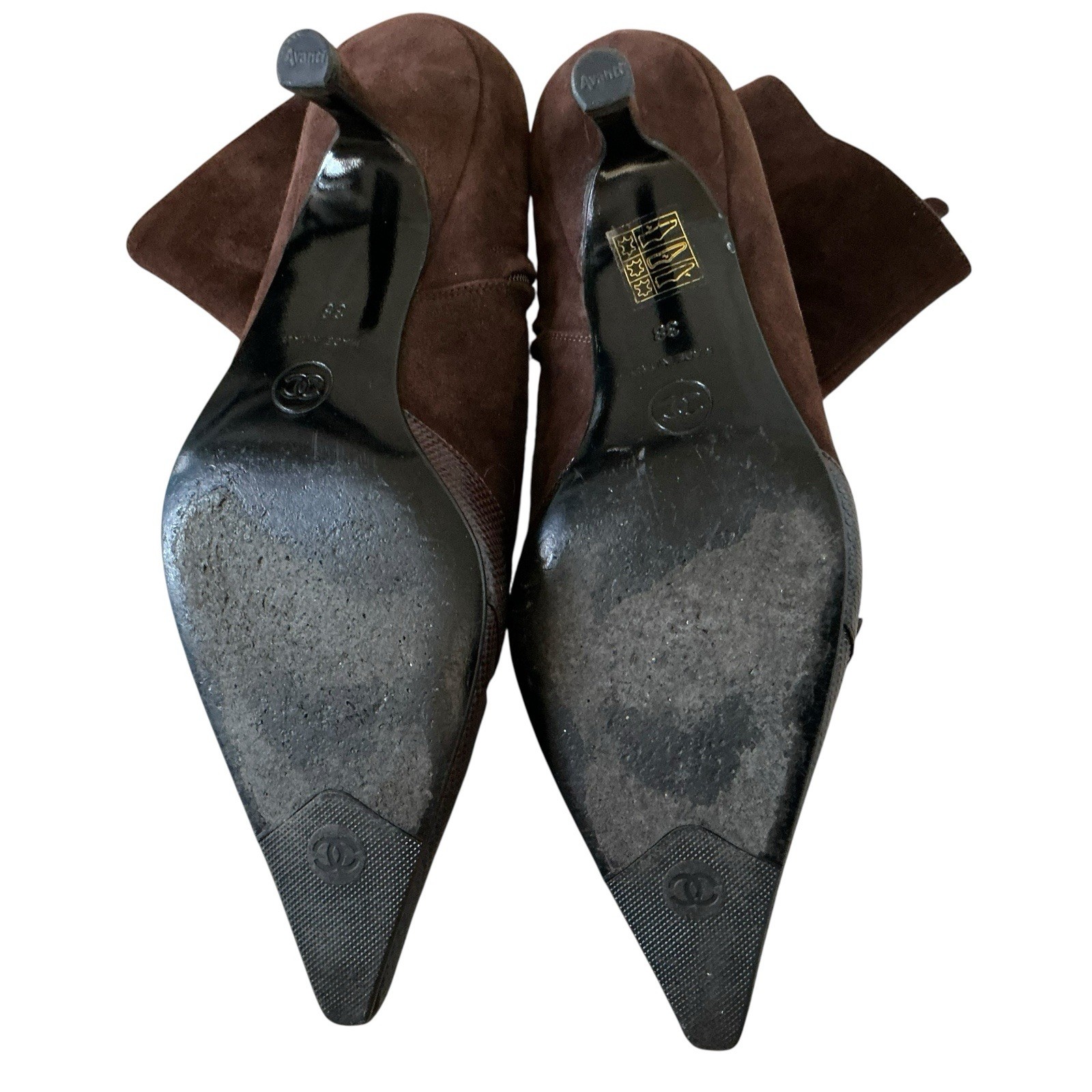 Chanel Brown Kitten Heel Suede Lizard Embossed Ankle Boots EU 38 7.5 US thumbnail 9