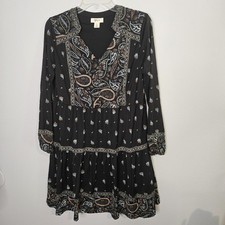 Style & Co Boho Tiered Dress Long Sleeve Black Paisley Print V-neck Size S 