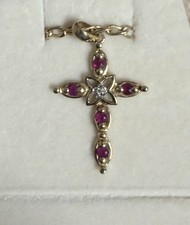 9ct Gold Ruby & Diamond Cross Pendant & 9ct Gold Chain 375