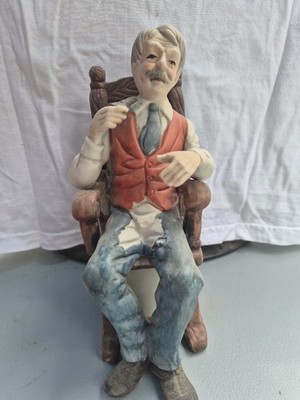 Vintage hand painted old man in rocking chair with cat 1974