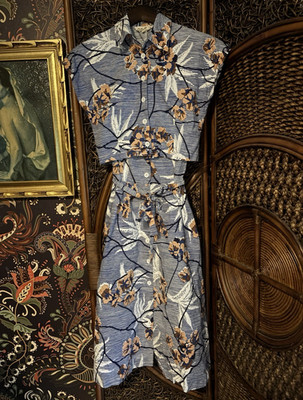 Bettie Page by Tatiana Blue Floral Collared Sleeveless Midi Shirt Dress Size S