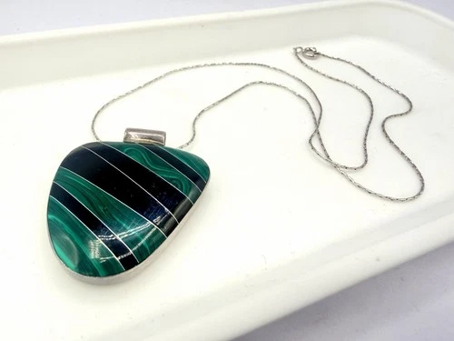 Sterling Silver Malachite Onyx Inlay Pendant Necklace Mexico 925 17 in HS image 3