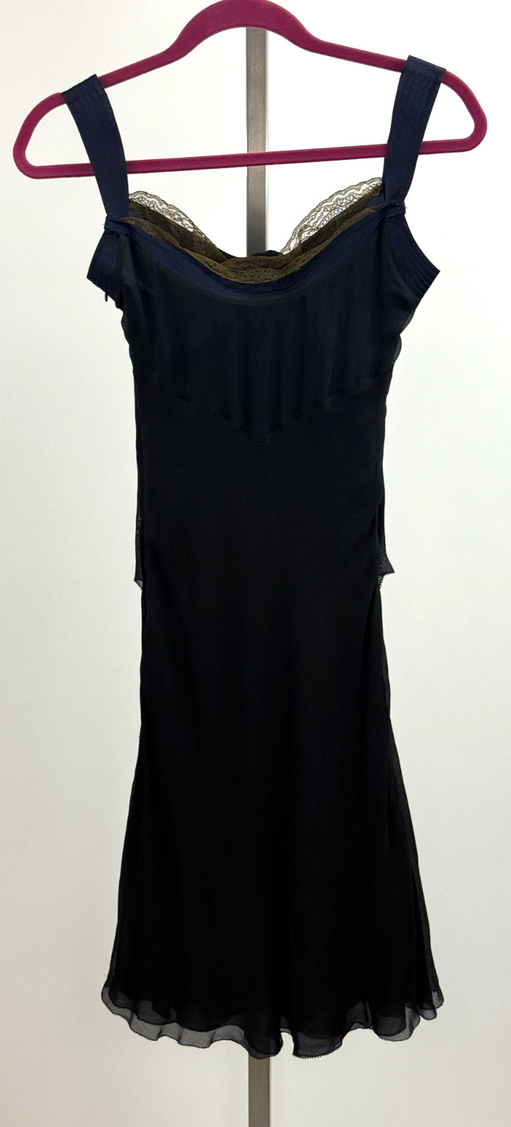 Vintage NINA RICCI Black Silk Chiffon Silk Dress - Brown Navy Trim - Size 36/4