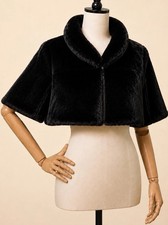 Black Faux Fur Cropped Zip Plush Capelet Bole...