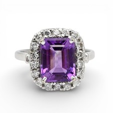 VINTAGE LADIES AMETHYST DIAMOND HALO COCKTAIL RING 14K WHITE GOLD SIZE 6