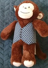 Mothercare brown Monkey with waistcoat soft toy blue white spots