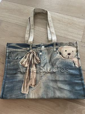 Acne Studios Teddy Bear Graphic Tote Bag Blue/Beige Zip Closure Lined Charm