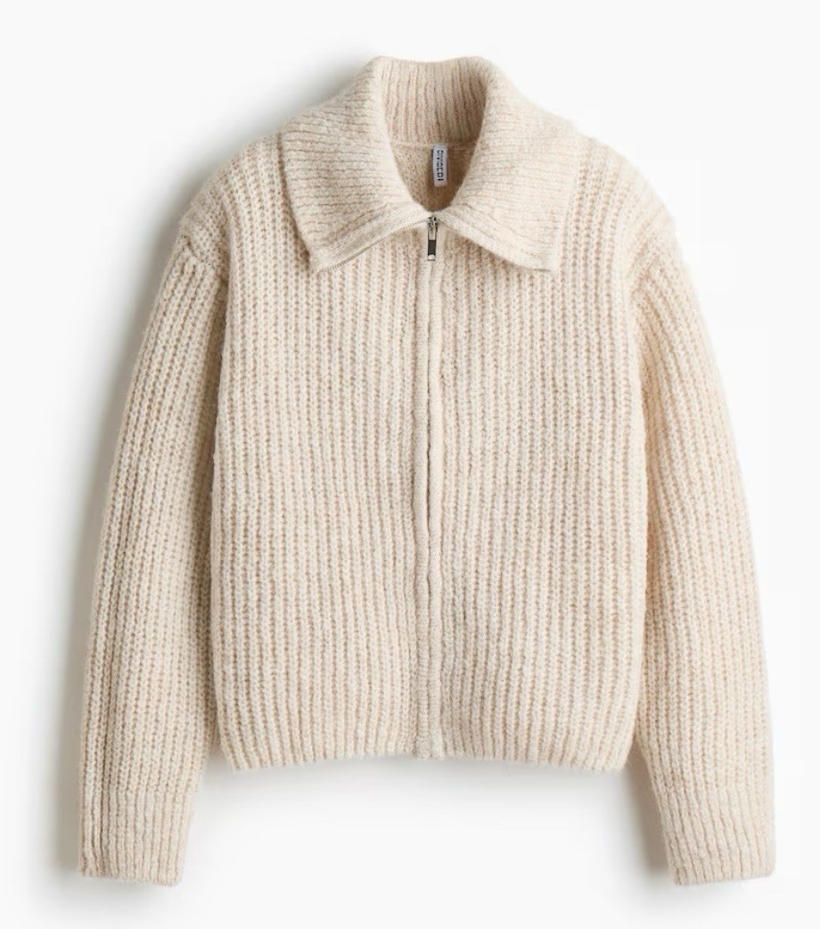 Light Beige Knit Zip-Up Cardigan Sweater Jacket | Thick & Warm | L | NWT | H&M