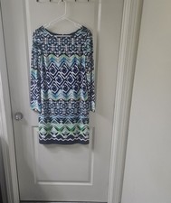 Vince Camuto Shift Dress Geometric Blue 3/4 Sleeve Round Neck Knee Size 8