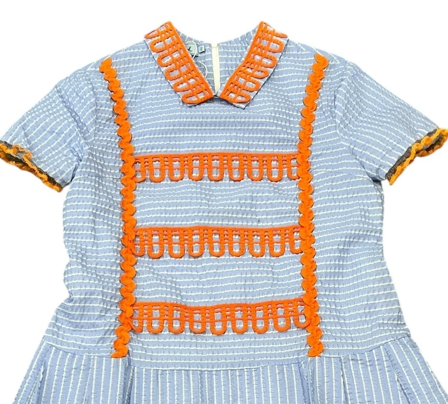 MIMISOL MI MI SOL GIRLS DRESS SHORT SLEEVE COLLARED BLUE SEERSUCKER STRIPE 14 - Image 3 of 4