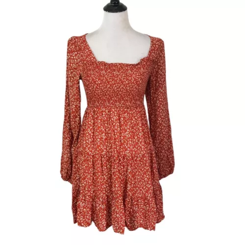 Liberty Love Smocked Mini Dress Womens M Orange Ditsy Floral Print Tiered BOHO