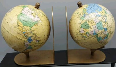 Vintage MCM Pair Of Spinning Globe Bookends with Brass Stands *PLEASE READ*  12D