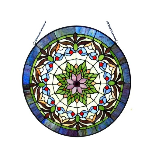 22" x 22" Tiffany Style Stained Glass Victorian Floral Window Panel Suncatcher - Picture 3 of 8