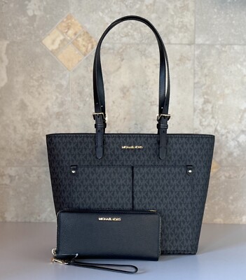 Michael Kors Jet Set Travel MD Double Pocket Tote Shoulder Bag + Wallet MK Black