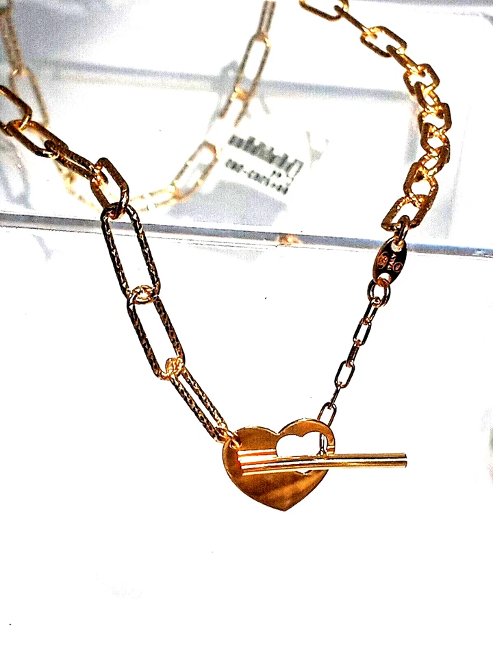 Gold Vermeil Diamond Cut Link Heart Necklace Toggle Chain
